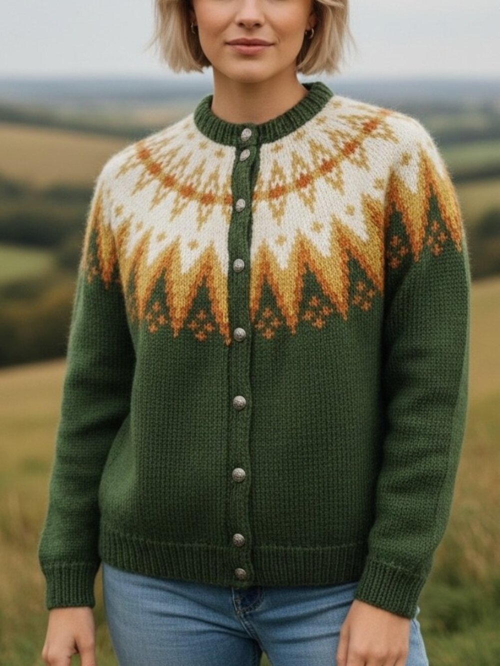 Vintage Saga Knit Norwegian Wool Cardigan Fair Isle Green Sweater M